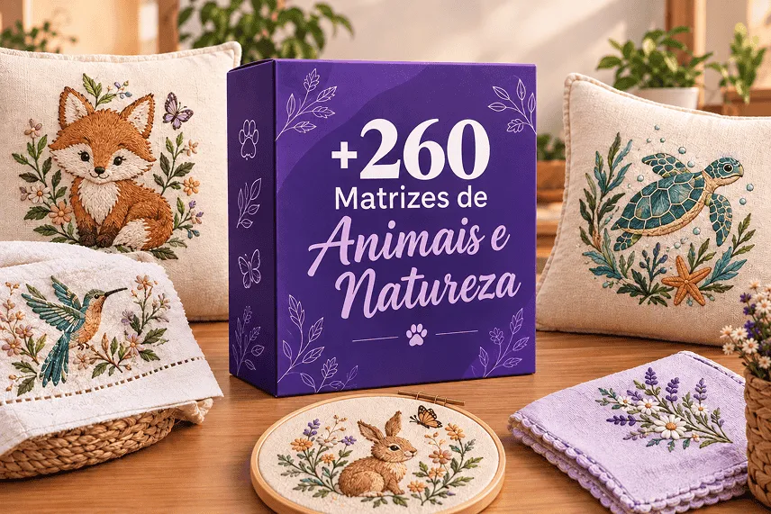 Modelos de animais e natureza bordados em peças de tecido