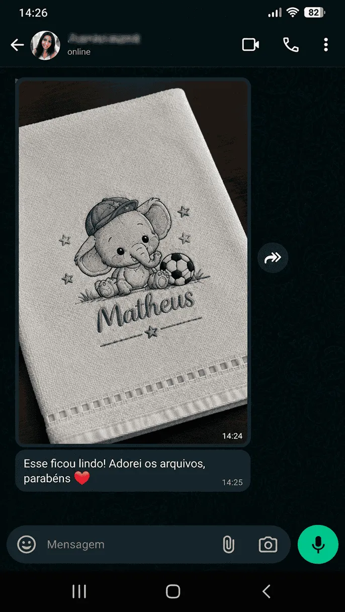 Toalha bordada com elefantinho mostrada em conversa de mensagens