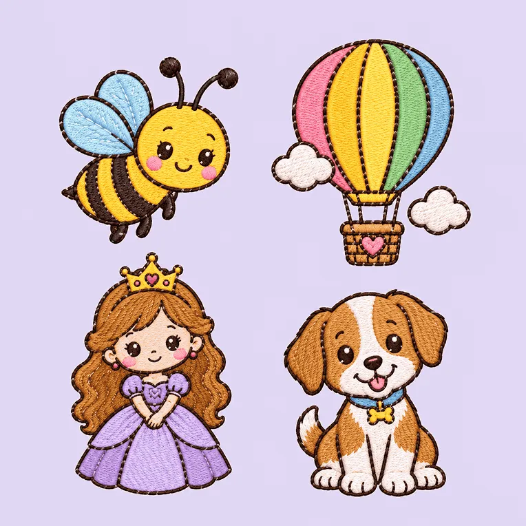 Matrizes de abelhinha, balão, princesa e cachorro bordadas em peças de tecido