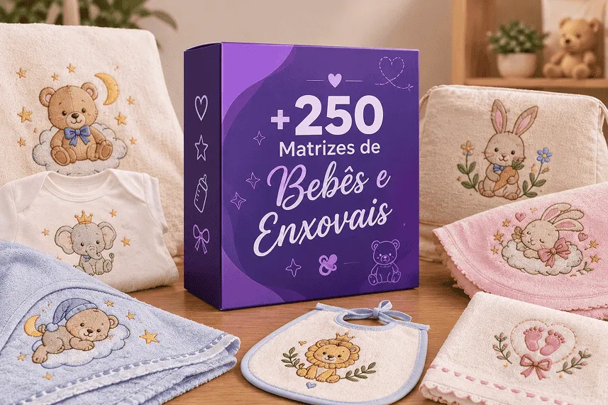 Modelos de bebê e enxoval bordados em peças de tecido