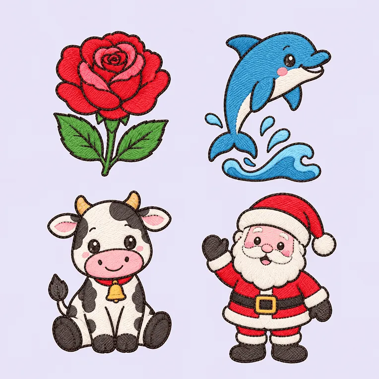 Matrizes de rosa, golfinho, bezerrinho e Papai Noel bordadas em peças de tecido