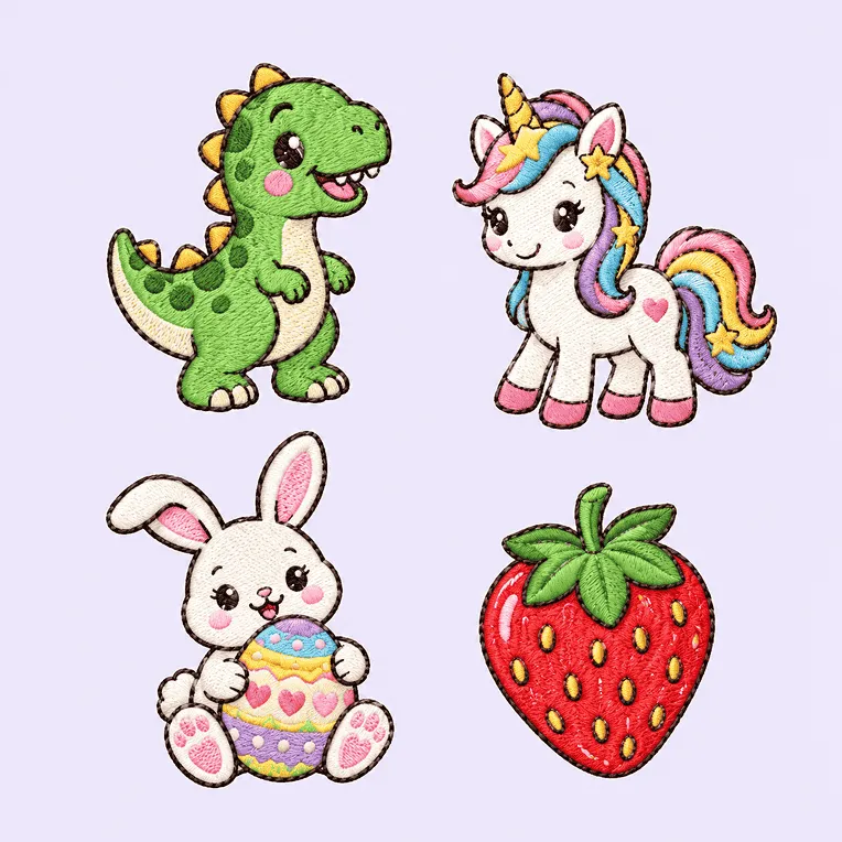 Matrizes de dinossauro, unicórnio, coelhinho e morango bordadas em peças de tecido