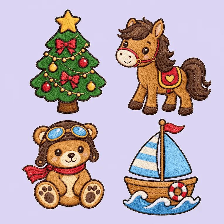 Matrizes de árvore de Natal, pônei, ursinho aviador e veleiro bordadas em peças de tecido
