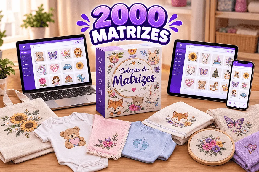 Coleção de 2000 matrizes de bordado reunida em uma caixa, com catálogo aberto em notebook, tablet e celular e peças bordadas ao redor
