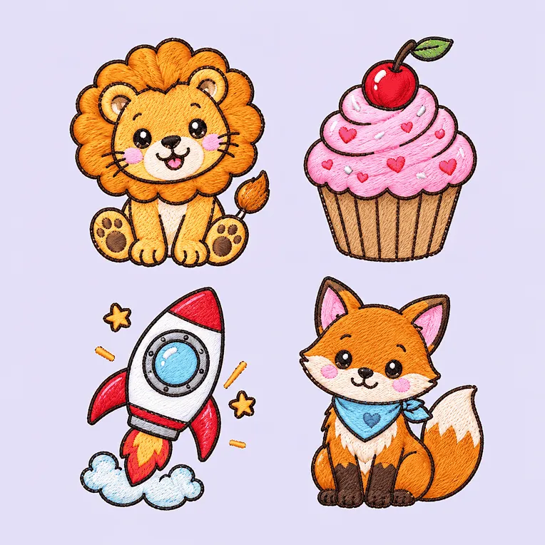 Matrizes de leãozinho, cupcake, foguete e raposa bordadas em peças de tecido
