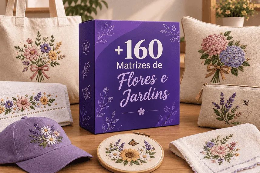 Modelos de flores e jardins bordados em peças de tecido